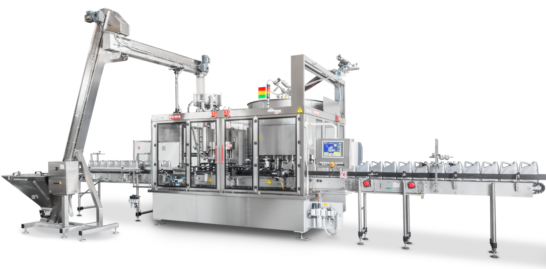 A Libra R high-precision rotary weight filler features a conveyor and an enclosed stainless-steel filling section.