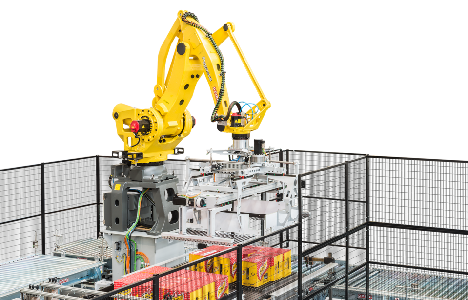A yellow robotic palletizer with a layer gripper is positioned above a conveyor carrying packaged products.